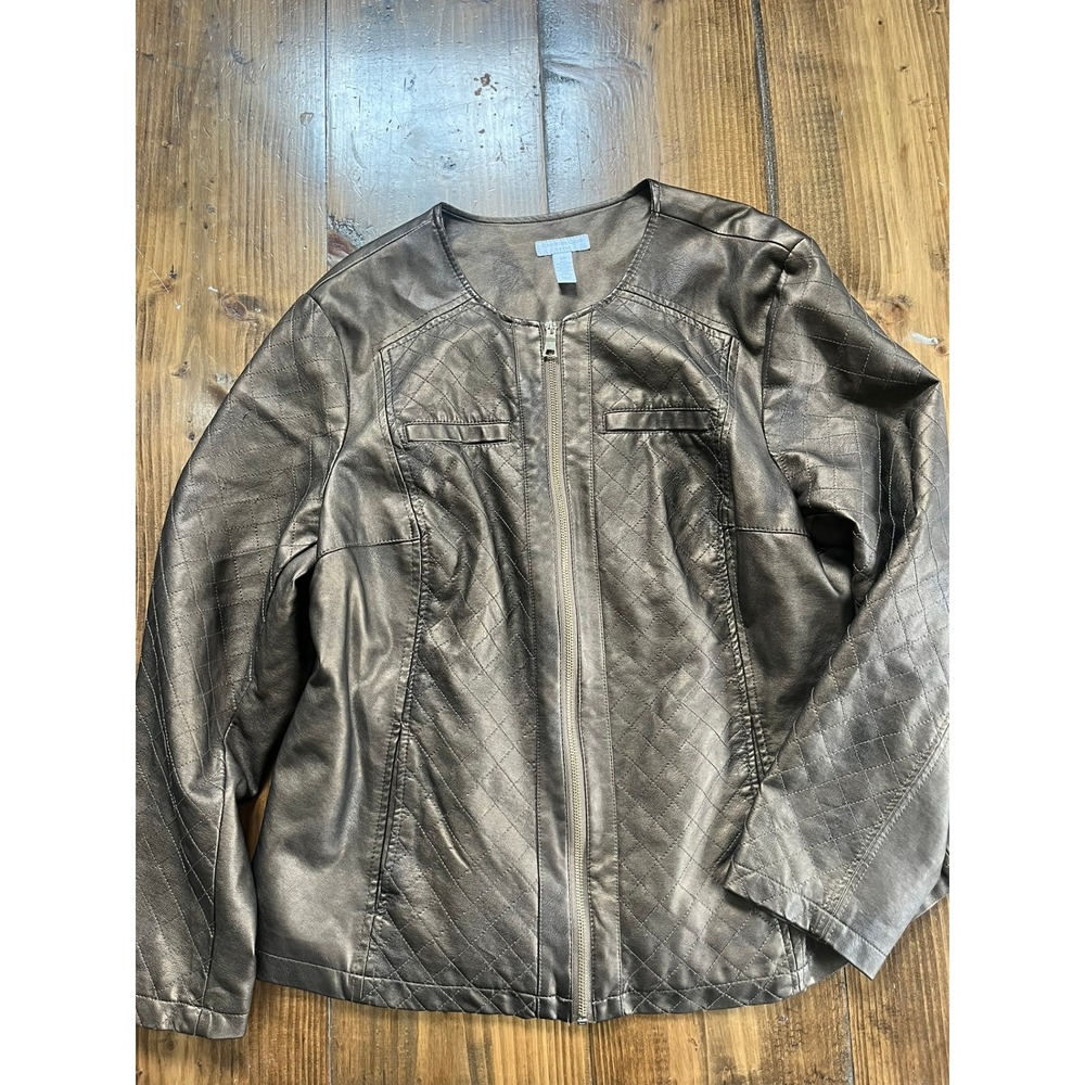 Charter Club Woman Metallic Bronze Faux Leather Quilted Jacket Plus Size‎ 16W